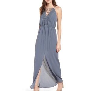 WAYF Posie lace up blue grey maxi dress xs extra small